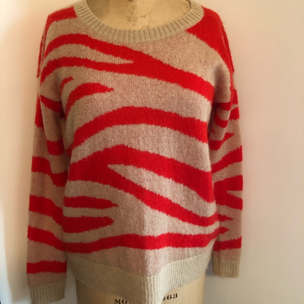 Club Monaco Tan Red/Neon Orange Zebra Sweater xs
